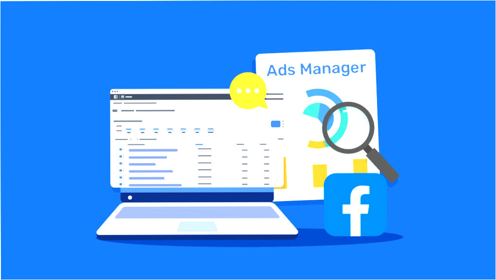 Аудит рекламного кабинета Meta (Facebook Ads): экран Ads Manager, лупа и логотип Facebook