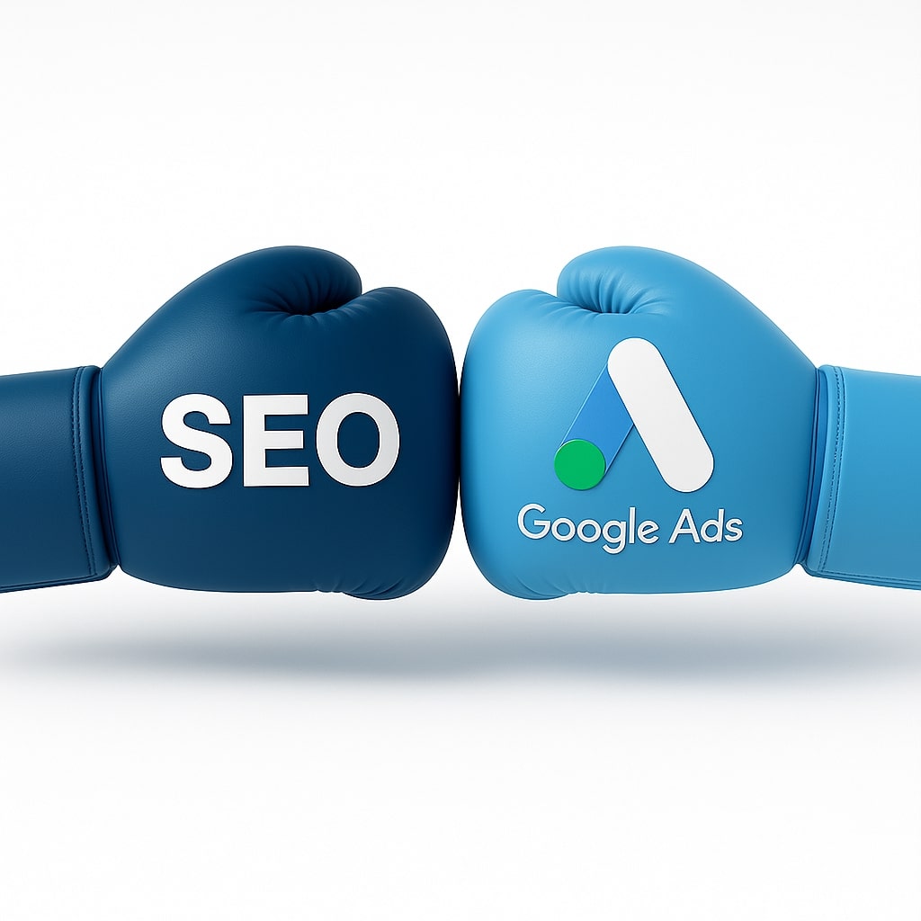 SEO vs Google Ads в 2025: две боксерские перчатки с логотипами на белом фоне — сравнение каналов рекламы