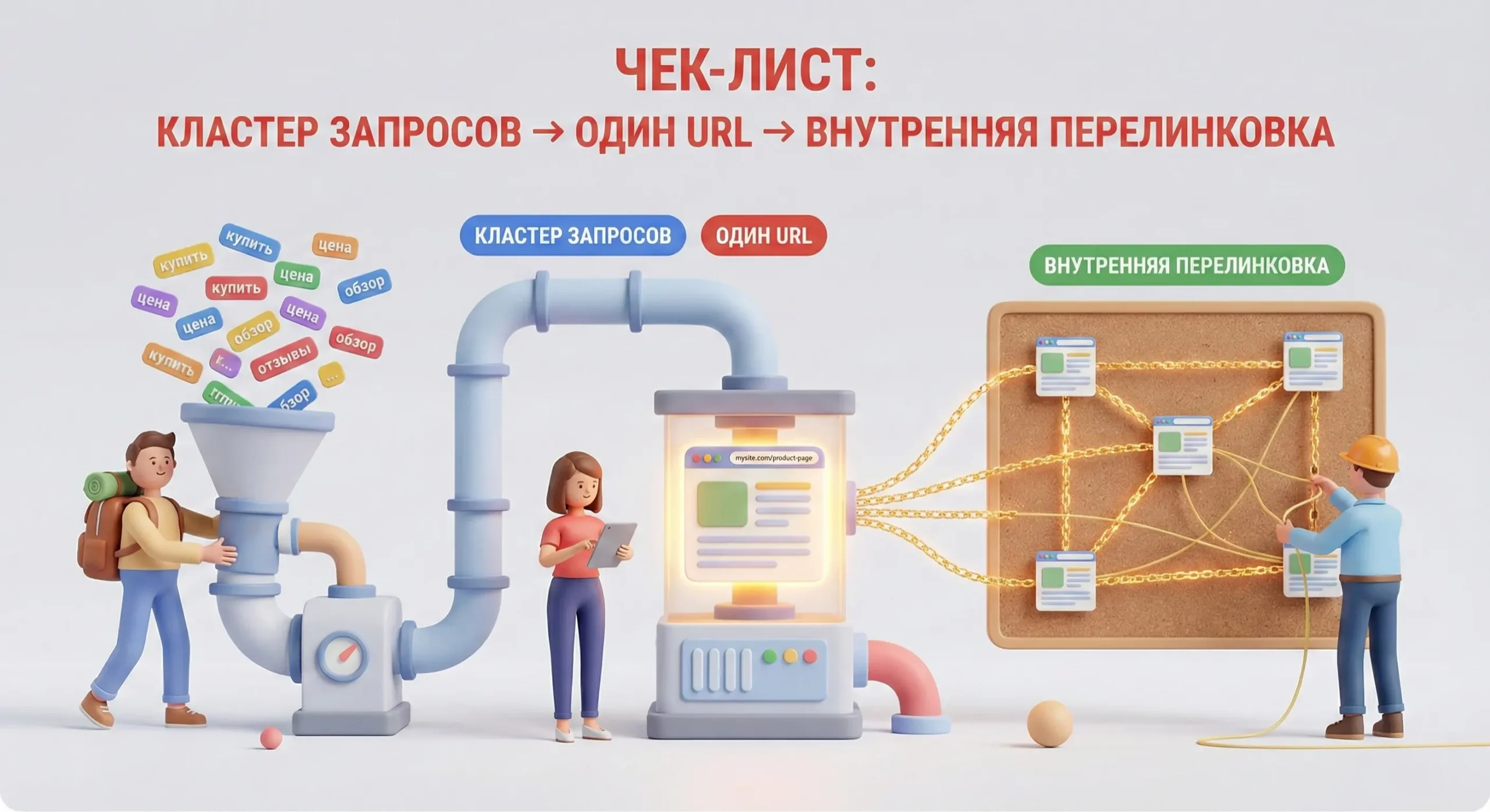 Чек-лист: кластер запросов → один URL → внутренняя перелинковка