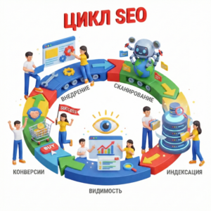 Цикл SEO: внедрение → сканирование → индексация → видимость → конверсии