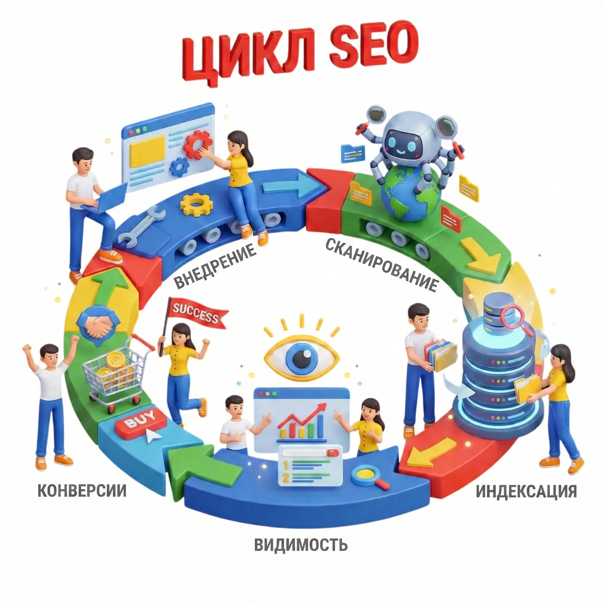 Цикл SEO: внедрение → сканирование → индексация → видимость → конверсии