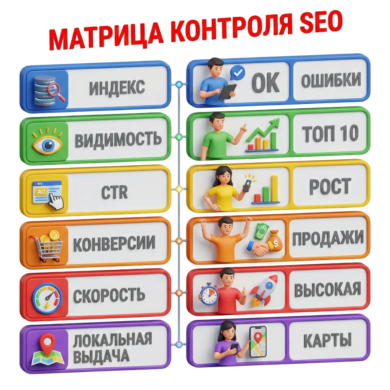 Матрица контроля SEO: индекс, видимость, CTR, конверсии, скорость, локальная выдача